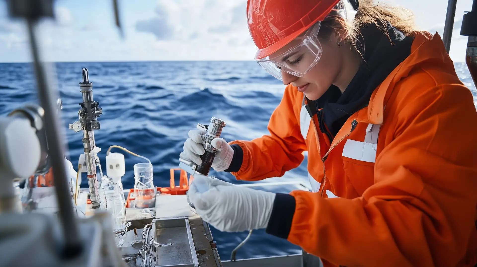 Female scientist conducting marine research on a boat in open water during a clear day